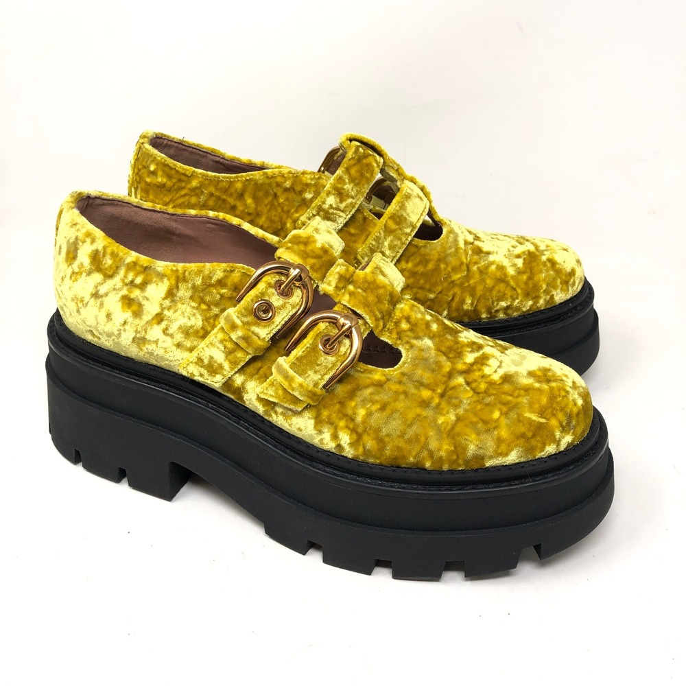 Circus NY‎ Womens 8.5 Mary Jane Platform Loafers Yellow Crushed Velvet Buckle
